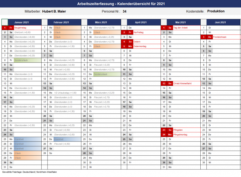 Kalenderübersicht pro Mitarbeiter (mit Überstunden, Krankentagen, Urlaubstagen etc.)