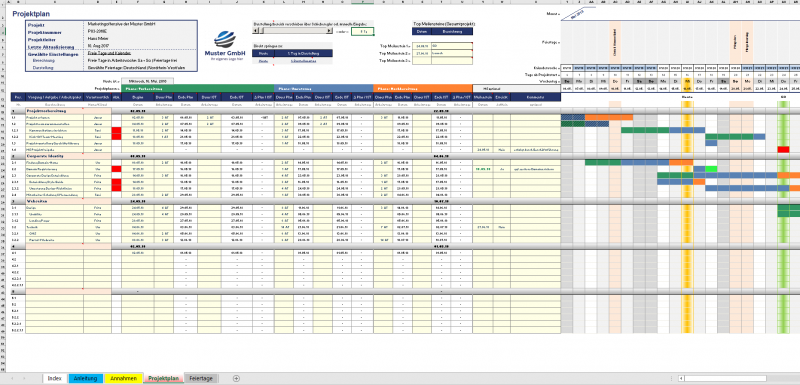 Excel-Projektplanungstool Überblick (Tagesbasis, 3 Phasen)
