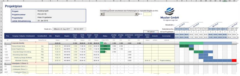 Excel-Projektplanungstool - Wochenbasis mit Projektfortschrittseingabe