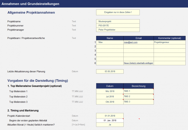 Projektplanungstool - Monatsbasis - Annahmen und Vorgaben